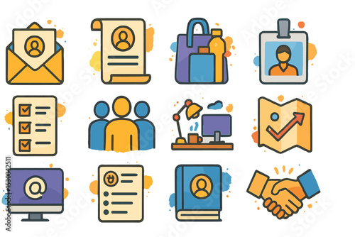 Illustrated icons set for office work and business communication tools