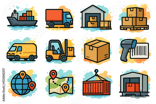 Colorful shipping and warehouse icons set with transport and logistics elements