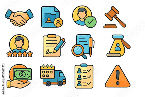 Colorful business and legal icons set featuring contracts and transactions