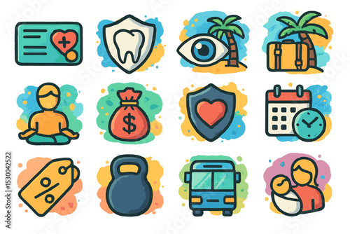 Colorful icons representing health, travel, finance, and family activities