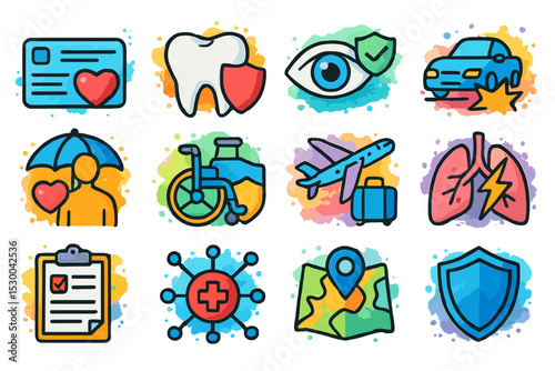 Colorful icons: healthcare, travel, safety, and insurance symbols