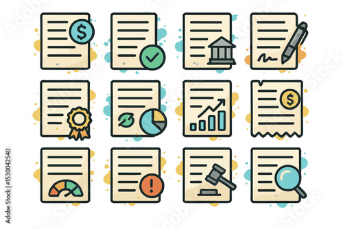 Finance and business icons set with graphs, documents, and symbols