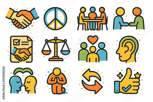 Illustrations of peace, communication, and human interaction symbols