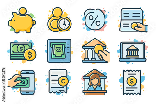 Colorful finance icons: savings, transactions, banking, payments, currency symbols