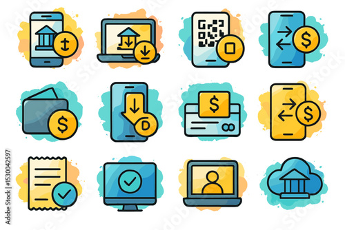 Colorful online banking icons for mobile and desktop applications