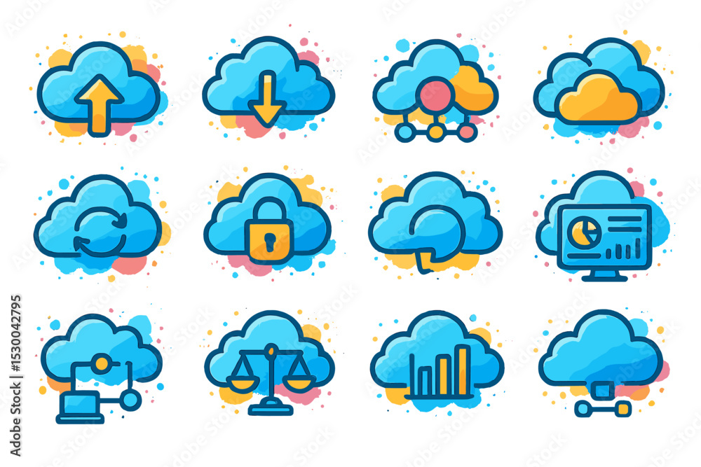 Obraz premium Colorful cloud computing icons with security and analytics elements