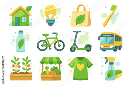 Eco-friendly lifestyle icons: recycling, transportation, sustainable living