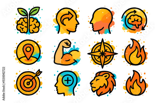 Colorful icons illustrating motivation and personal growth themes