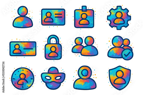 Colorful icons of user profiles and security concepts on vibrant background