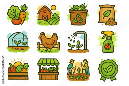 Organic farming icons: vegetables, compost, greenhouse, chicken, farming tools