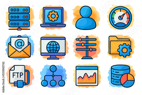 Colorful technology icons including server, laptop, user, and network metrics