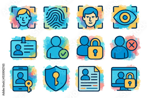 Biometric security icons featuring fingerprint and facial recognition elements