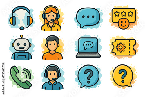 Customer support icons set: headset, agent, chat, feedback, robot, laptop