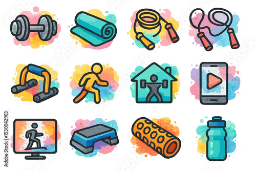 Colorful fitness icons: dumbbell, yoga mat, jump rope, treadmill, exercise