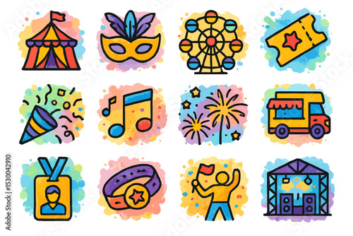 Colorful festival icons: tent, mask, ferris wheel, ticket, and more