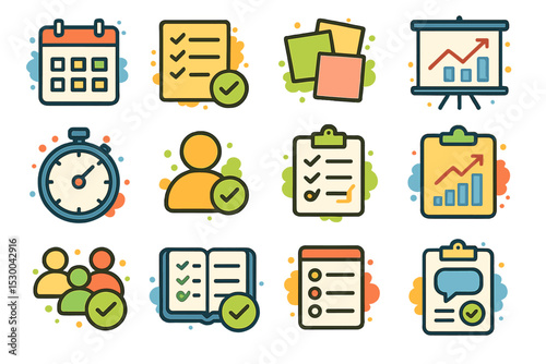 Colorful icons for business and productivity tools and scheduling