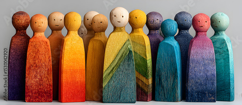 Colorful wooden people figures on white background. Diverse Team.Banner. diversity and inclusion. copy space. HR concept