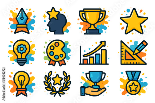 Colorful achievement icons featuring trophies, medals, and awards