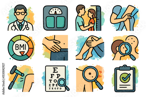 Medical icons illustrating health checkup and examination procedures