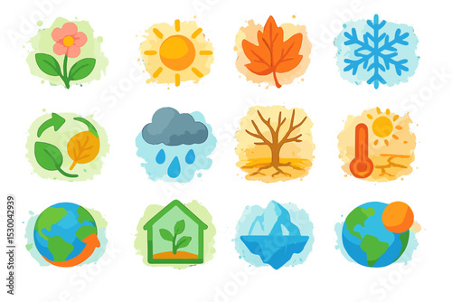 Illustrated seasonal symbols and climate change icons set