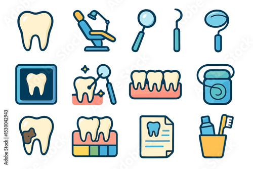 Dental care icons set featuring toothbrush floss chair examination tools