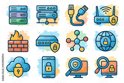 Colorful cybersecurity icons: network, firewall, lock, cloud, router, server