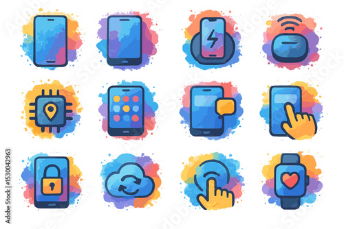 Colorful tech icons featuring smartphones and smartwatch illustrations