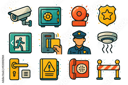 Set of colorful security and safety icons on gradient background