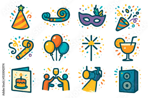 Festive celebration icons: party hat, mask, balloons, drink, cake