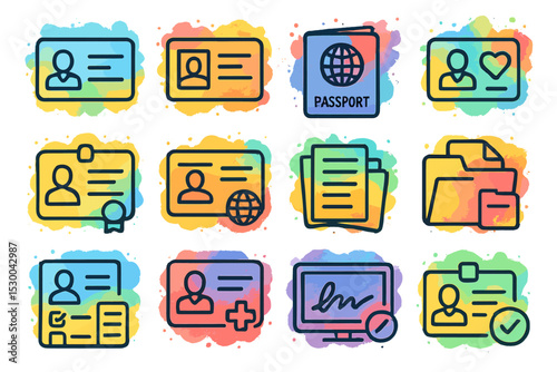 Colorful id and document icon set with passport and certificates