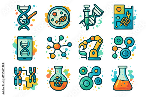 Colorful scientific icons featuring genetics and chemistry symbols
