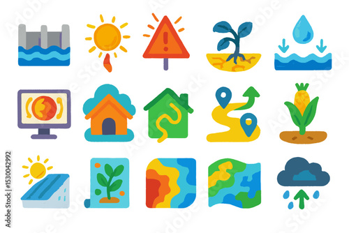 Climate change icons highlighting environmental issues and solutions