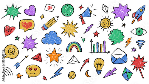 Colorful Hand-Drawn Crayon Doodle Icons Featuring Elements and Symbols on White Background