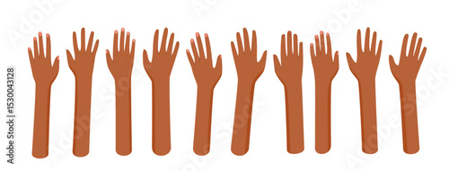 Set of open hands in flat style. Raised human gestures represent unity and solidarity. Diverse bare arms express community and volunteer work. Abstract colorful illustration for charity, equality