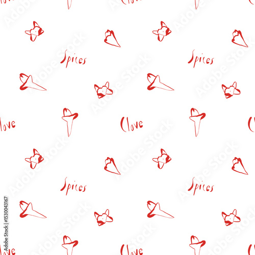 Seamless pattern with hand drawn red clove buds in line art style for kitchen decor packaging and fabric design