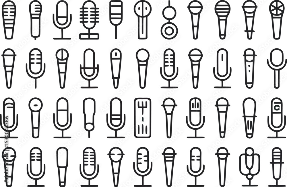 Fototapeta premium Black and White Microphone Icons Collection Various Styles