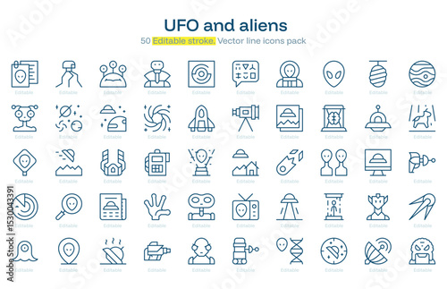  UFO and aliens line icon pack. UFO and aliens Stroke icon set. Editable Stroke icon
