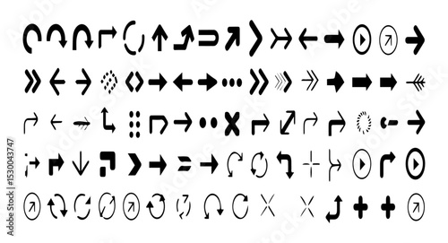 Collection of diverse black arrow icons on a white background, showcasing various directions, shapes, and styles including curved, straight, dotted, and circular arrows in a grid layout.