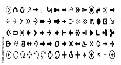 Collection of diverse black arrow icons on a white background, showcasing various directions, shapes, and styles including curved, straight, dotted, and circular arrows in a grid layout.