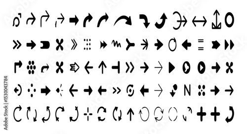 Collection of diverse black arrow icons on a white background, showcasing various directions, shapes, and styles including curved, straight, dotted, and circular arrows in a grid layout.