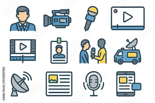 Media icons set: microphone, camera, interview, satellite, podcast