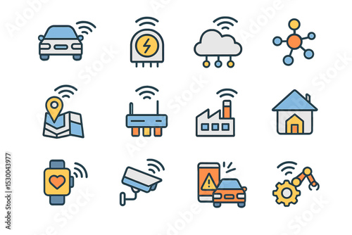 Smart technology icons: cloud, smartwatch, security camera, factory, home automation