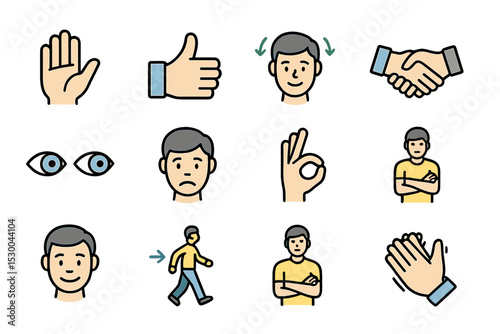 Illustrated male gestures and expressions in various emotions and actions