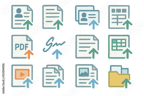 Digital document icons with upload arrows and text elements