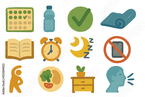 Healthy lifestyle icons: fitness, nutrition, and wellness essentials