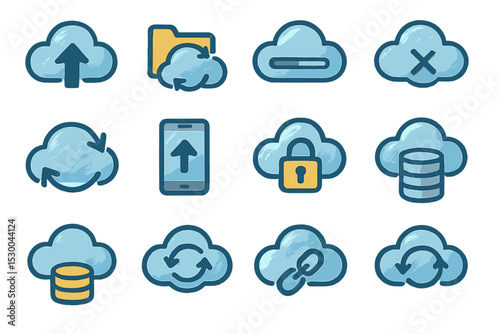 Cloud computing icons set: upload, download, security, synchronization, storage