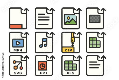 Colorful file icons representing various document and media formats