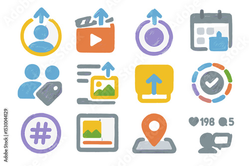 Colorful digital media icons collection with upload and social symbols