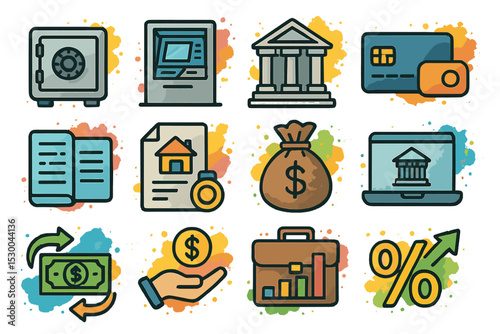 Colorful financial icons set: banking, money, and investment symbols