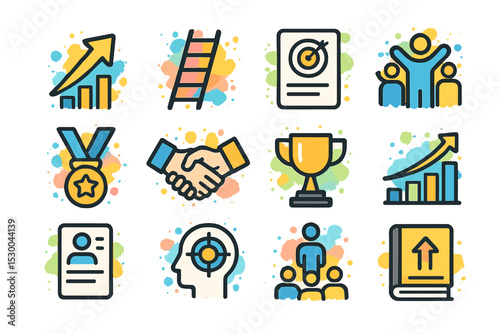 Business success icons: growth, leadership, achievement, teamwork, strategy